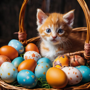 Cute kitten with easter eggs